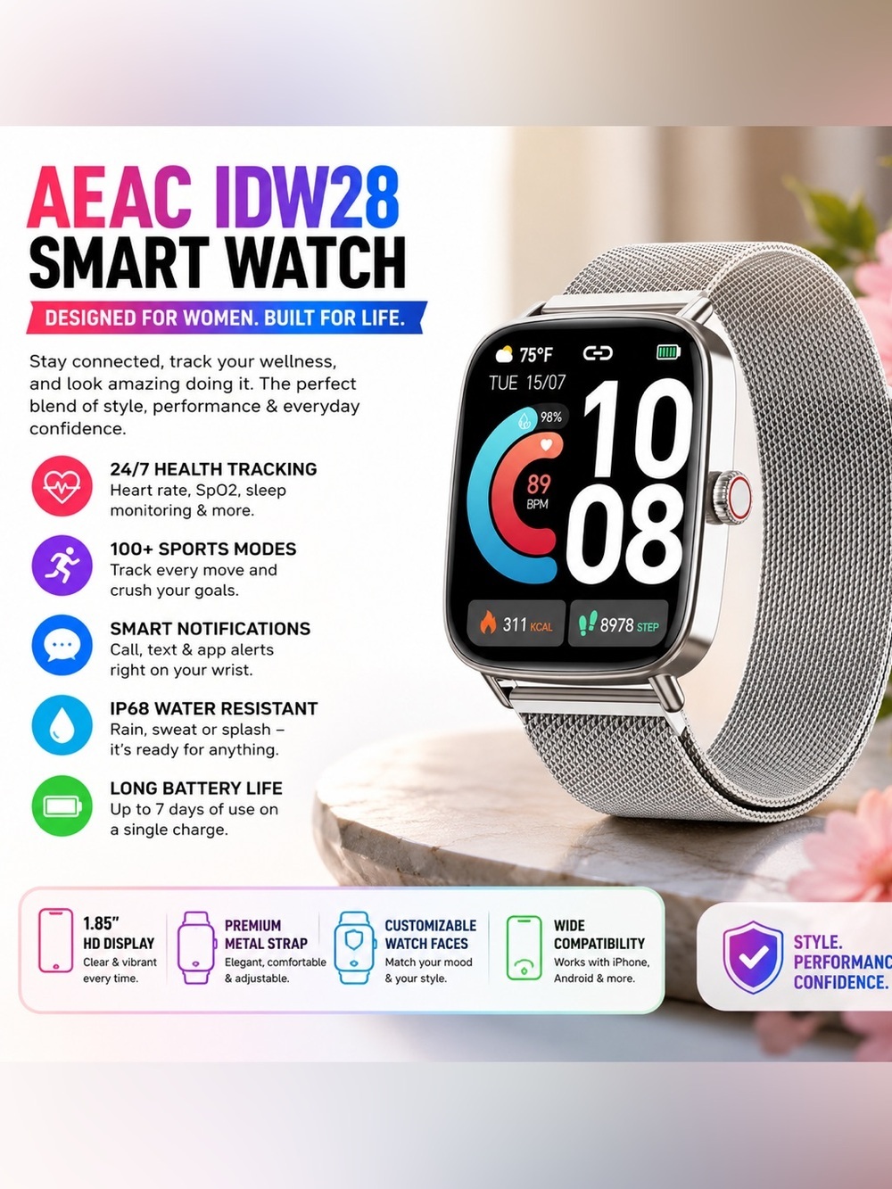 IDW28 Smart Watch - Silver NEW IN BOX compatible with any smart phone